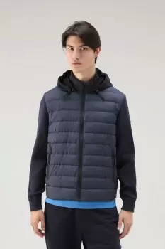 Image of Woolrich Men Sundance Hybrid Jacket in Quilted Microfiber and Pure Cotton with Hood Blue Size M