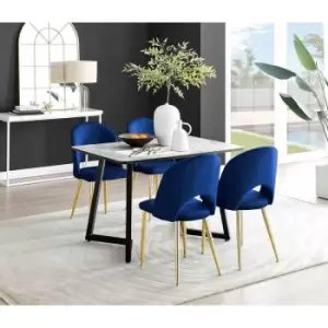 Image of Furniture Box Carson White Marble Effect Dining Table and 4 Blue Arlon Gold Leg Chairs