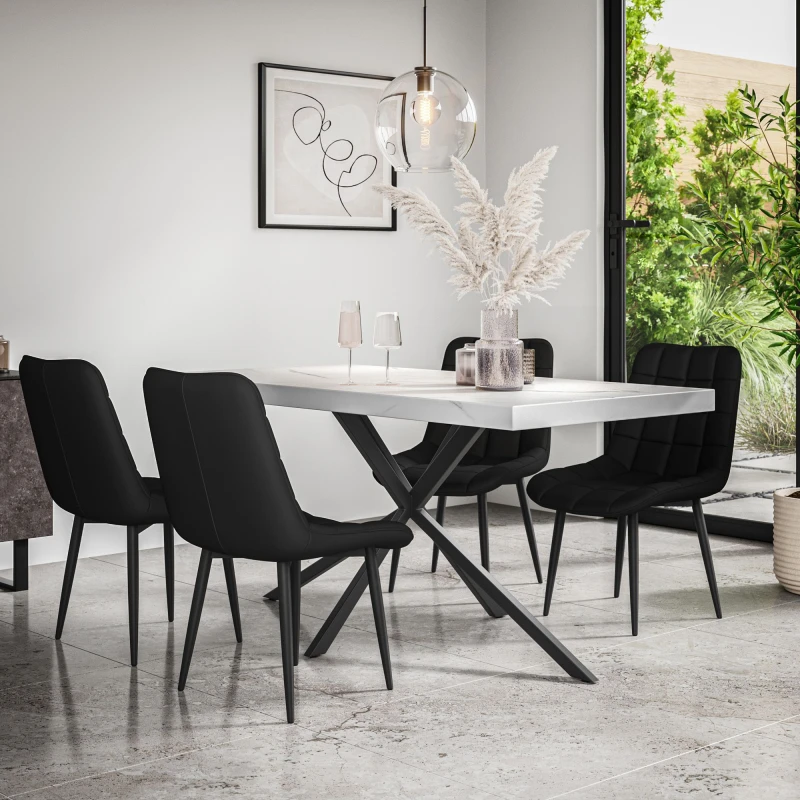 Image of More4Homes Donni Dining Table And Chairs - White Marble Effect Table Top W Black Legs + Nova Faux Leather Dining Chair Set Of 6 (Black)