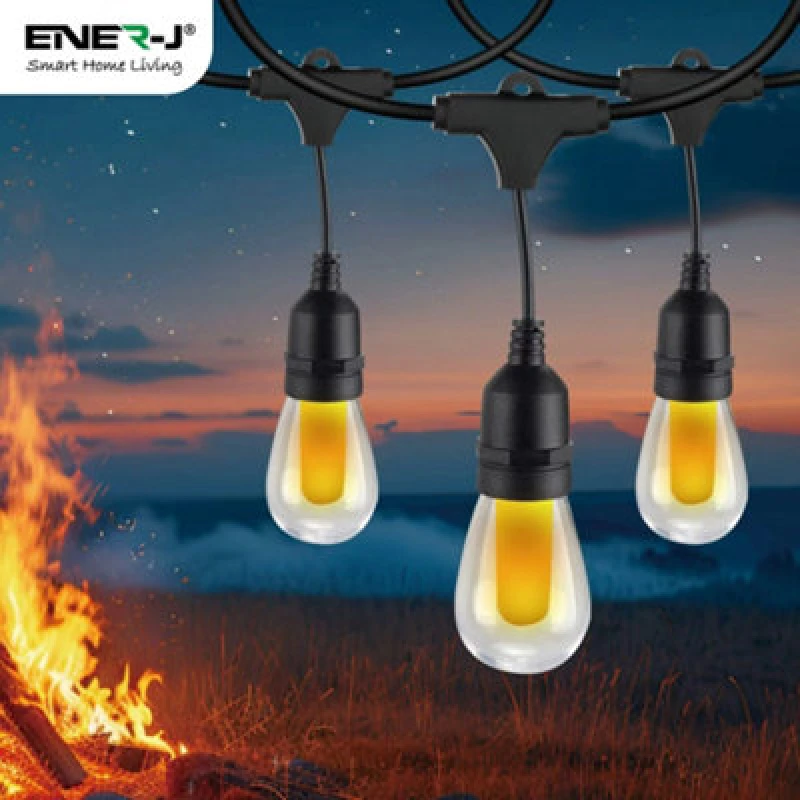 Image of Ener-J 15M LED Bulb String Light Kit With 15 Pcs Flame Effect Bulbs & UK Plug, 1800K, Ip65 (2Pcs Extra Spare Bulbs Included)