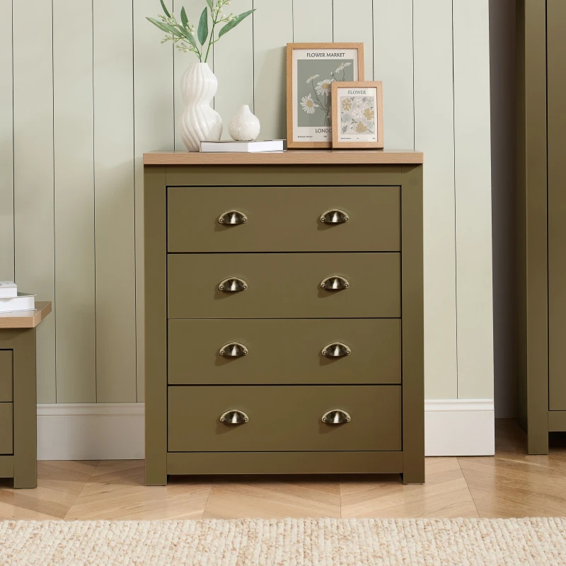 Image of Birlea Chest of Drawers Olive Green Highgate 4 Drawer & Oak Olive Unisex