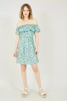 Image of Green Floral Bardot Belted Dress