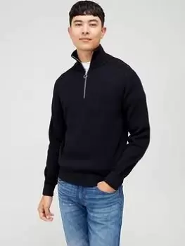 Image of Armani Exchange Ribbed Quarter Zip Knitted Jumper - Navy, Size S, Men