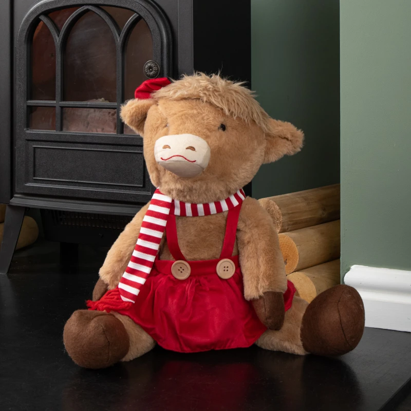 Image of 36cm Tall Plush Sitting Christmas Highland Girl Cow in Red Dress