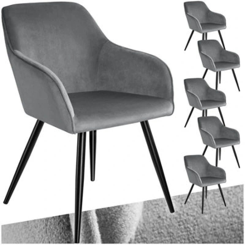 Image of Tectake Set Of 6 Dining Chair Marilyn - With Armrests, Padded, Velvet Look, Black Steel Legs - Grey/black