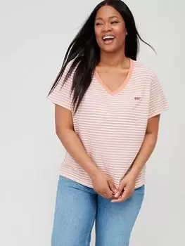 Image of Levis Plus Plus V-Neck T-Shirt - Indigo Stripe Terra Cotta, Orange, Size 1Xl, Women