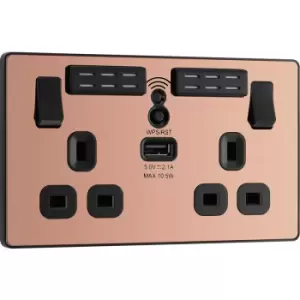 Image of BG Evolve Polished (Black Ins) WiFi Extender Double Switched 13A Power Socket + 1X USB (2.1A) in Copper Steel