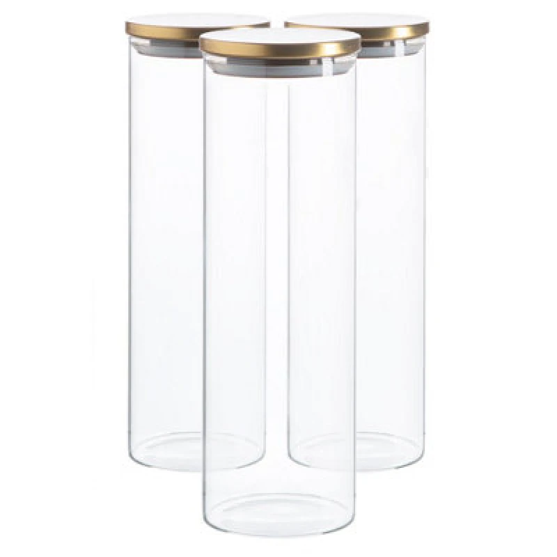 Image of Argon Tableware Glass Storage Jars - Gold Lid - 2 Litre - Modern Round Scandi Organisation Container Glass Jar - Set Of 3
