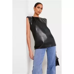 Image of I Saw It First Black Faux Leather Shoulder Pad Sleeveless Top - Black
