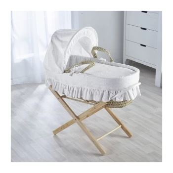 Image of Broderie Anglaise Palm Moses Basket with Folding Stand Natural, Quilt, Padded Liner, Body Surround & Adjustable Hood - White - White