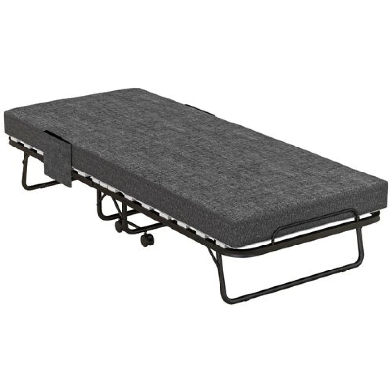 Image of HOMCOM Folding Bed with Mattress Foldable Guest Bed on Wheels w/ Cover Dark Grey 831-754V70CG