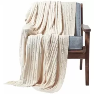 Image of HOMESCAPES Cotton Cable Knit Throw, Natural, 150 x 200cm - Natural