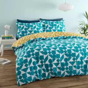 Image of Catherine Lansfield Simplicity Retro Geo Geometric Reversible Easy Care Duvet Cover Set, Ochre/Teal, Double