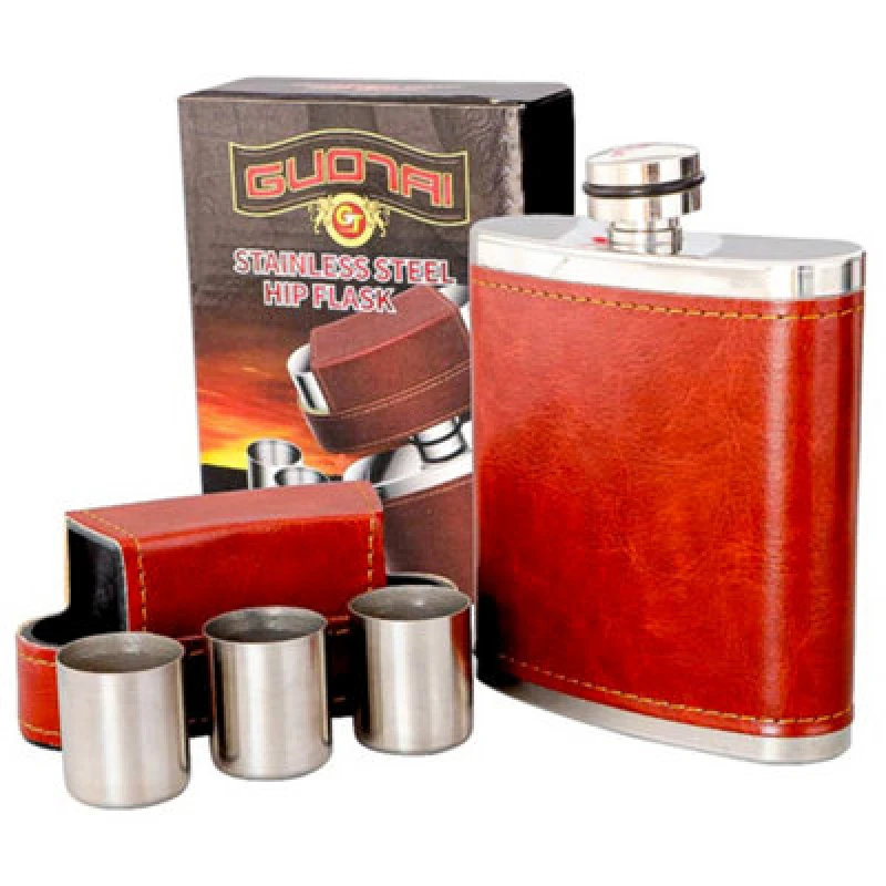Image of KAV Premium Stainless Steel with Leather Cover and Leak Proof Pocket Hip Flask 8 Oz Ideal for Whiskey, Bourbon, And Liquor Brown