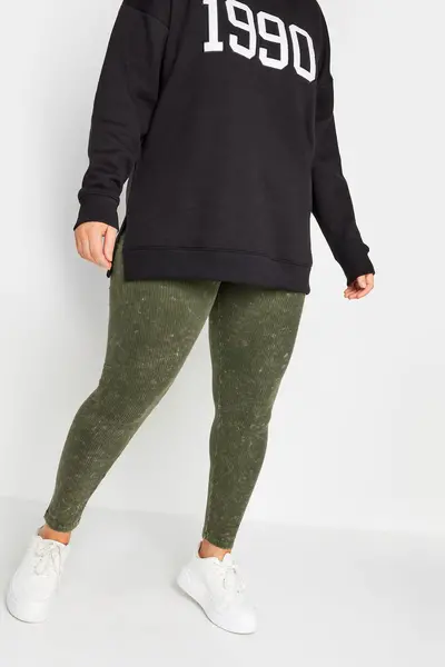 Image of Yours Acid Wash Ribbed Leggings Green
