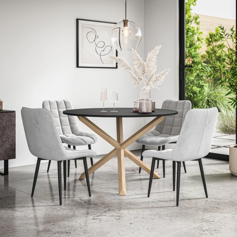 Image of More4Homes Malvern Round Dining Table And Chairs - Black Table Top W Solid Oak Legs + Nova Velvet Dining Chair Set Of 4 (Grey)