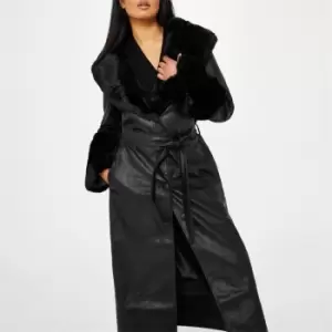 Image of Missguided Faux Leather Contrast Trim Trench Coat - Black