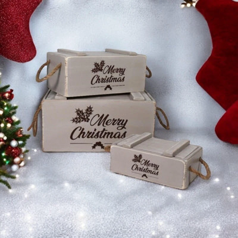 Image of Minster Crates With Lids Rope Hand (Set Of 3) - Wood - Rustic Grey