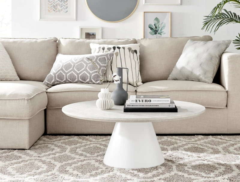 Image of FurnitureboxUK Palma Round Coffee Table with Pedestal Pillar Base & Semi-Matte or High Gloss Finish for Modern Minimalist Industrial Look in Beige Bei