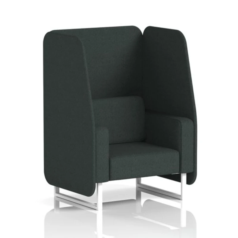 Image of Brixworth 1 Seater Open Office Booth with White Legs in Rivet Fabric - Charcoal Panels and Sofa
