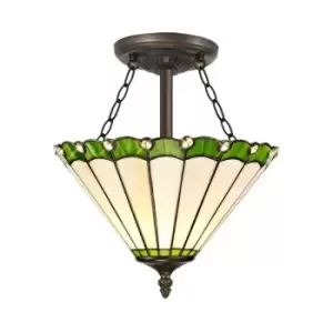 Image of 3 Light Semi Flush Ceiling E27 With 30cm Tiffany Shade, Green, Crystal, Aged Antique Brass - Luminosa Lighting