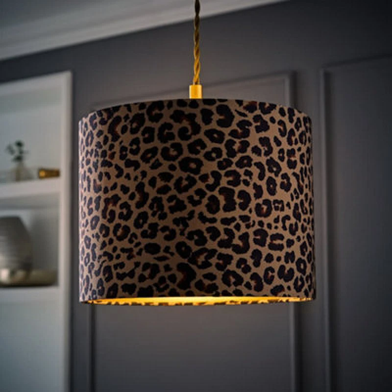 Image of ValueLights ValueLights Oasis Leopard Print with Metallic Gold Inner Drum Lamp Shade and Bulb Multi One Size Unisex 5059406065729
