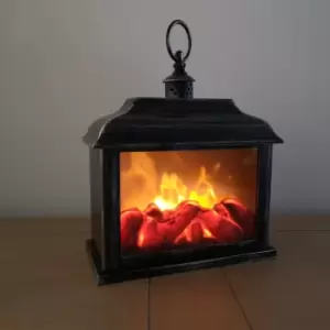 Image of 28cm Premier Christmas Battery Operated Fireplace Lantern with Realistic Flame Effect in Rustic Silver