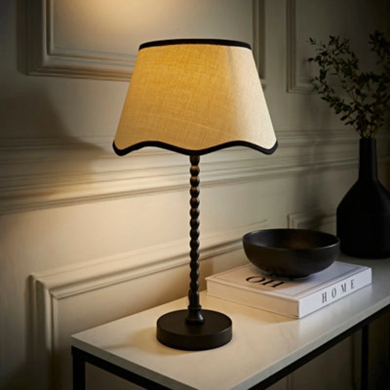 Image of ValueLights ValueLights Maeve Scallop Black Trim Drum Shade Matte Black Bobbin Table Lamp and LED Bulb Black One Size Unisex 5059406067242