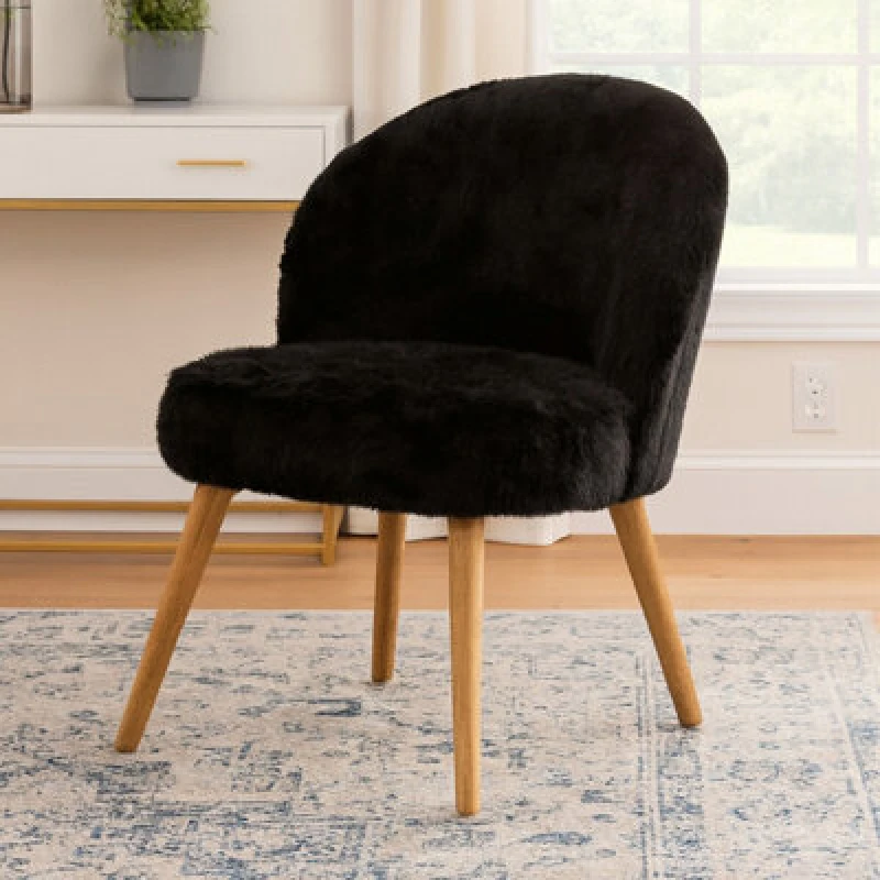 Image of Premier Housewares Black Fur Effect Chair, Backrest Indoor Chair, Easy to Clean Small Lounge Chair Black