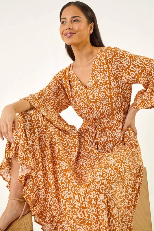 Image of Roman Womens Petite Abstract Print V-Neck Midi Dress in Orange Size: 12 Orange Female 12