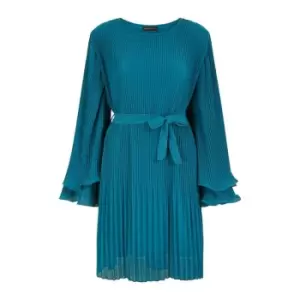 Image of Mela London Teal Pleated Dress With Fluted Sleeves - Blue