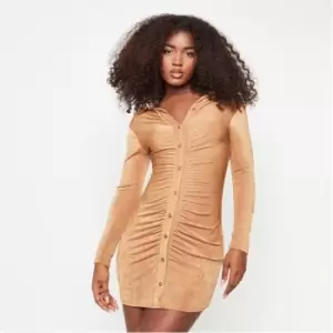 Image of Missguided Petite Slinky Ruched Button Front Mini Dress - Brown