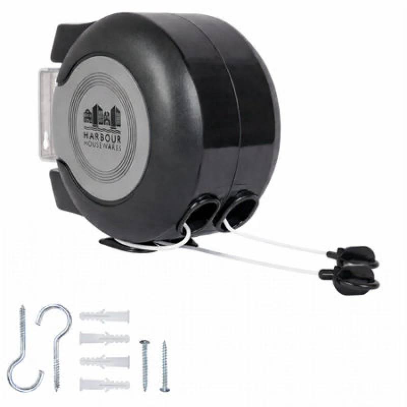 Image of Harbour Housewares Retractable Dual Cord Washing Line - 2 X 15M - Black Wall Mounted Indoor Outdoor Clothesline Twin Clothes Airer