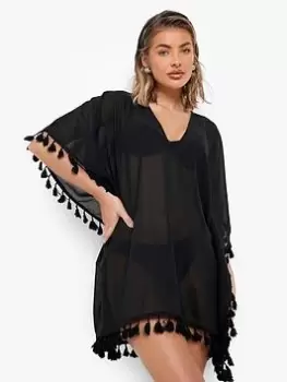 Image of Boohoo Tassel Detail Beach Kaftan - Black Size M Women