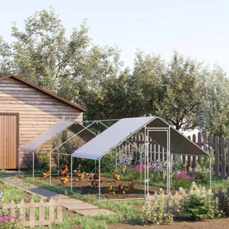 Image of Pawhut Walk In Chicken Run Large Galvanised Chicken Coop W/ Cover 3 X 8 X 2M