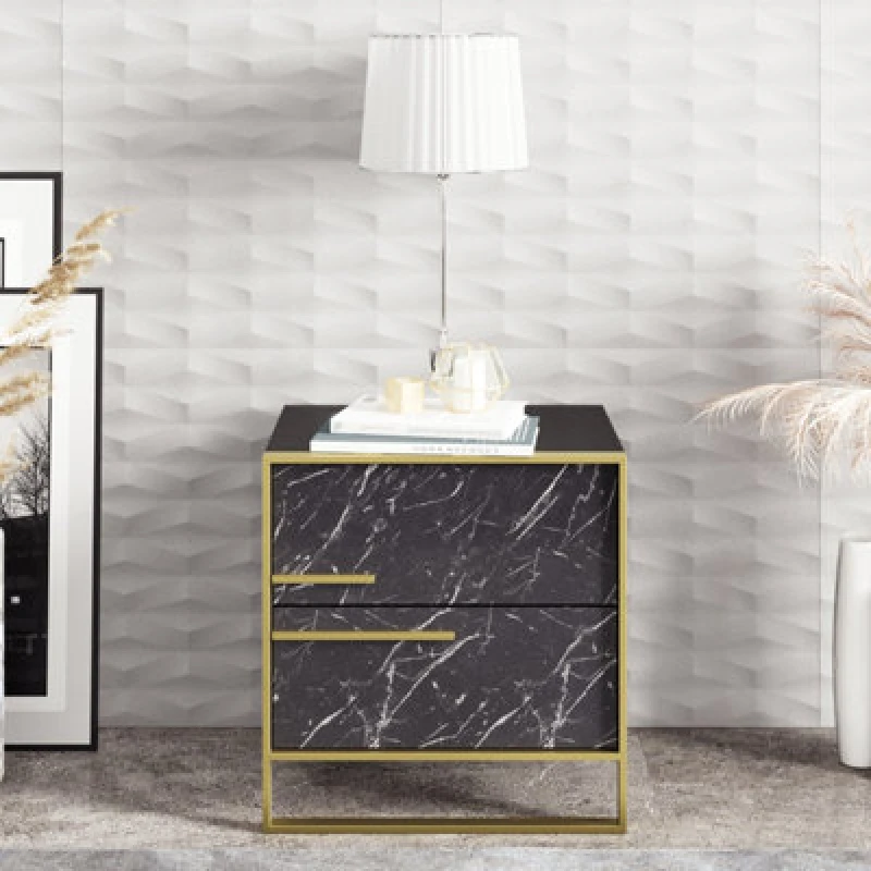 Image of Decorotika Polka 2 Drawer Bedside Table Black Marble Effect & Gold