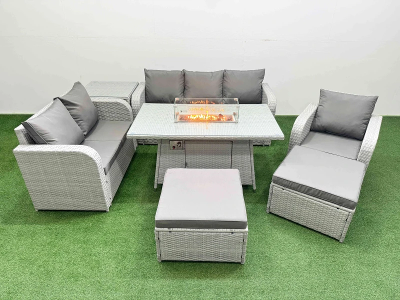 Image of FIMOUS Fimous Patio PE Wicker 8 Seater Outdoor Rattan Furniture Sofa Sets with Firepit Dining Table Reclining Chair Loveseat Sofa 3 Seater Sofa 2 Big