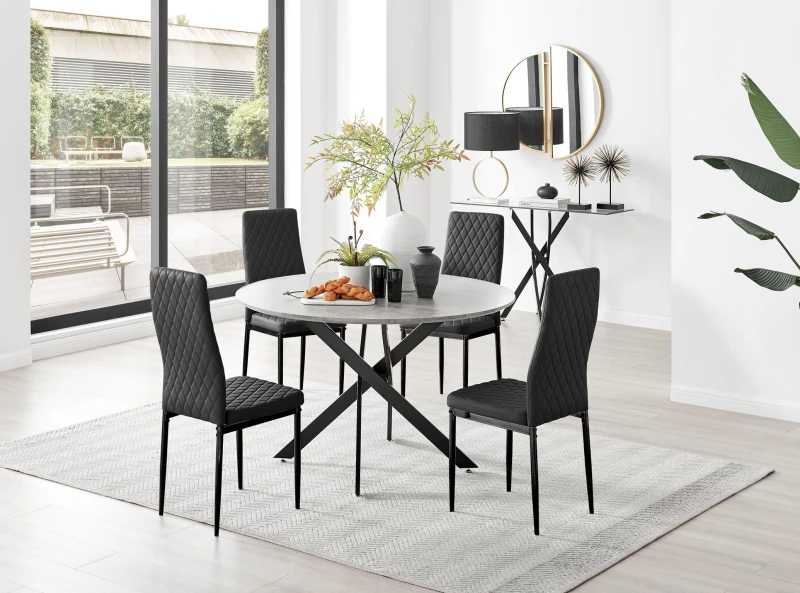 Image of FurnitureboxUK FurnitureboxUK Novara Grey Concrete Effect Black Leg 120cm Round Dining Table & 4 Milan Black Leg Chairs Black One Size Unisex 50566571