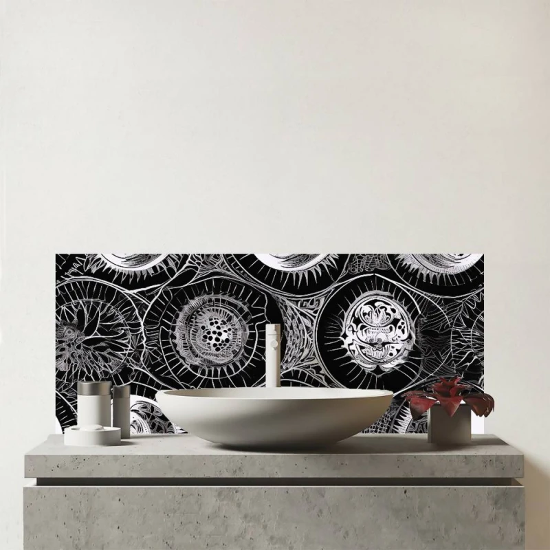 Image of Warren Reed - Designer Black White Moon & Sun Glass Bathroom Splashback in Grey Grey Unisex