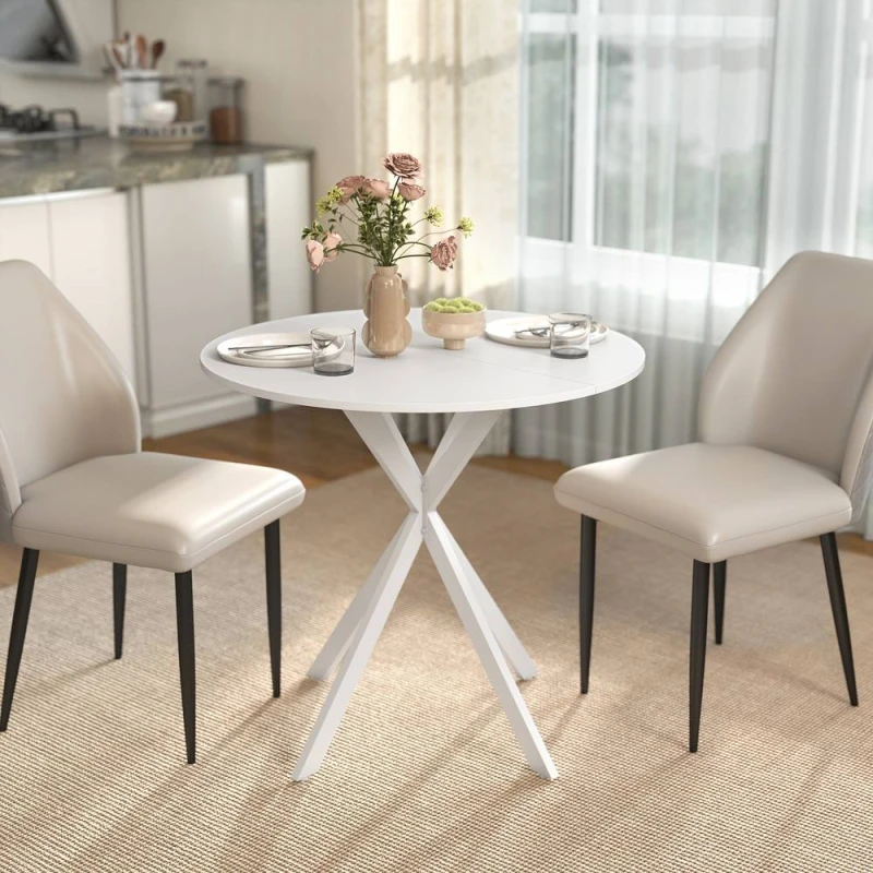 Image of HOMCOM 80cm Round Dining Table, Industrial Kitchen Table with Steel Legs in White White Unisex