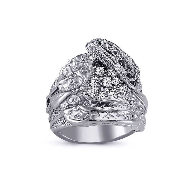 Image of Jewelco London Mens Rhodium Plated Silver Round CZ Horse Rope Saddle Ring 20mm - ARN090 Silver