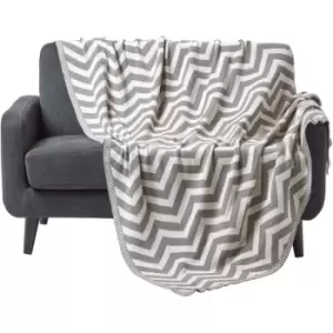 Image of HOMESCAPES Grey Chevron Cotton Knitted Throw, 130 x 170cm - Grey