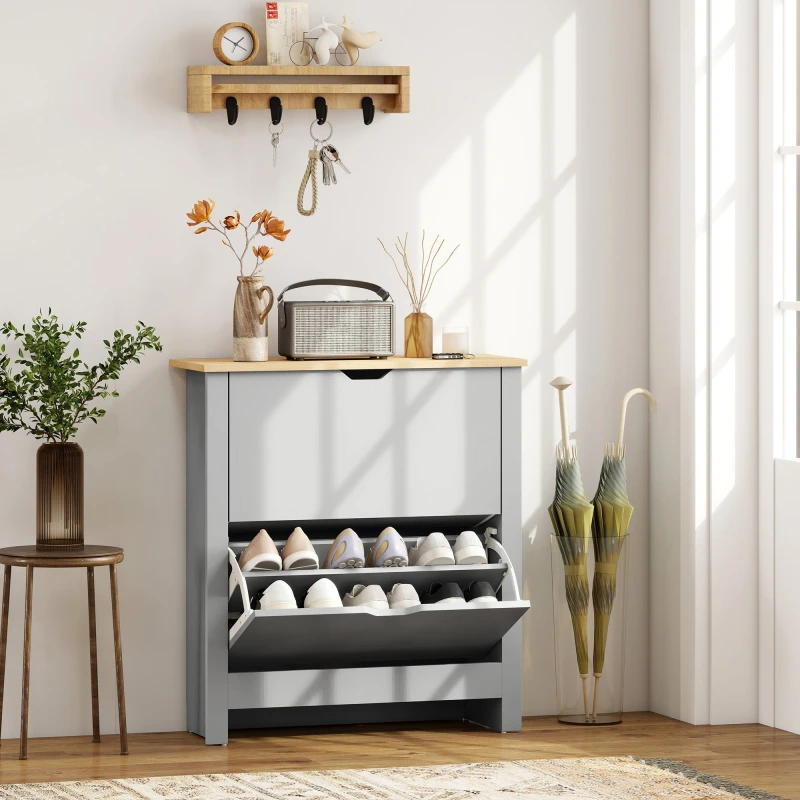 Image of HOMCOM 12-Shoe Storage Cabinet 4 Shelves 2 Drawers Tabletop Light Grey Light Grey Unisex