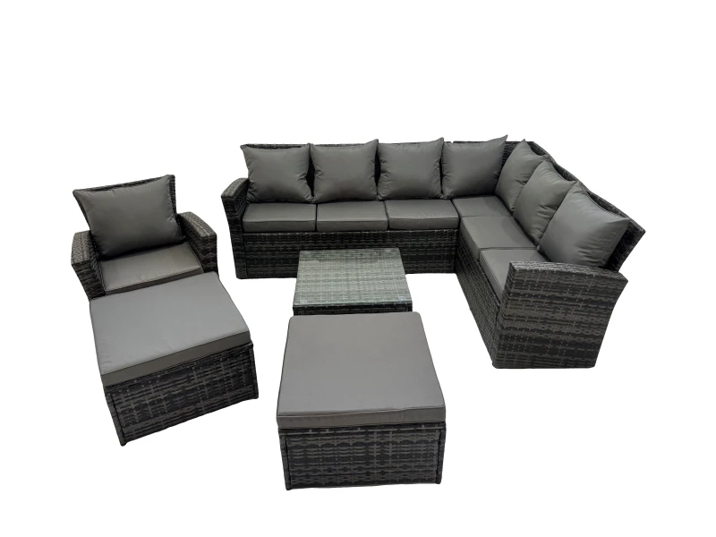 Image of Fimous 9 Seater Garden Sofa Coffee Table Sets with Chair 2 Big Footstools in Dark Grey Dark Grey Unisex