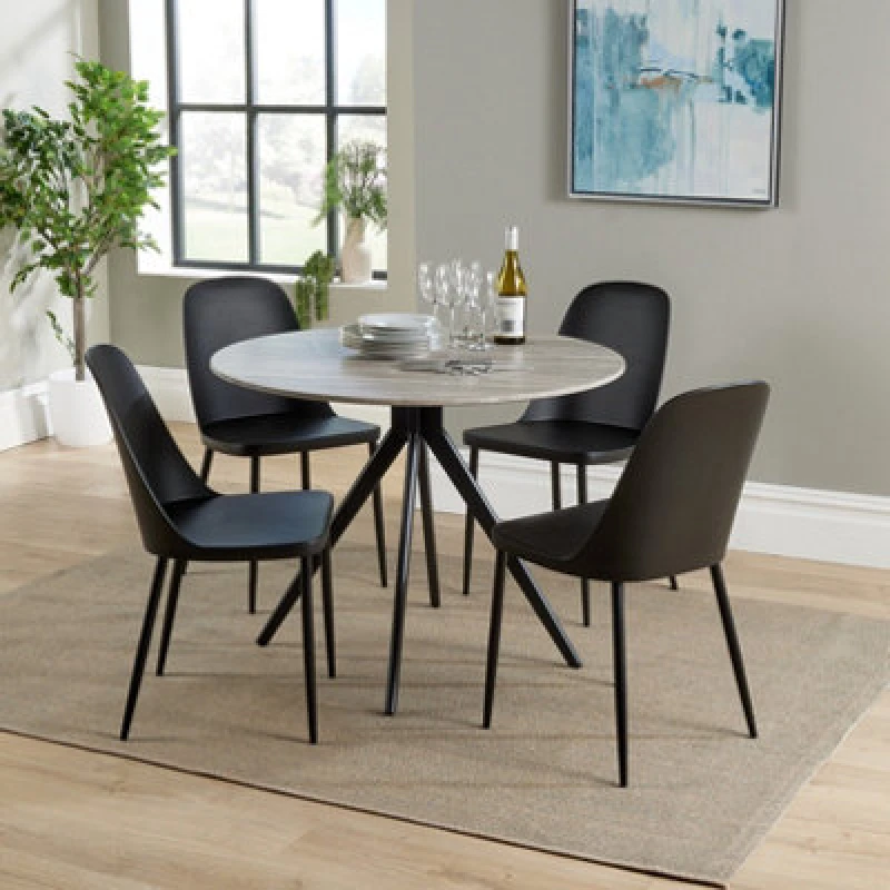 Image of Core Products Aspen Grey Oak Effect 100Cm Round Dining Table With 4 Black Plastic Duo Design Chairs