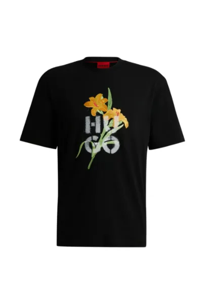 Image of HUGO Red Dilablumi Floral Cotton-Jersey T-Shirt - L Black Tops male 50517841-001 L