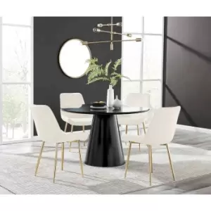 Image of Furniture Box Palma Black Semi Gloss Round Dining Table and 4 Cream Pesaro Gold Leg Chairs