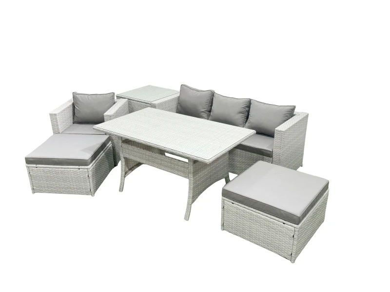 Image of Fimous Rattan Garden Furniture Set Outdoor 6 Seater Patio Dining Sets with Glass Top Dining Table and Side Table Light Grey Mixed Light Grey