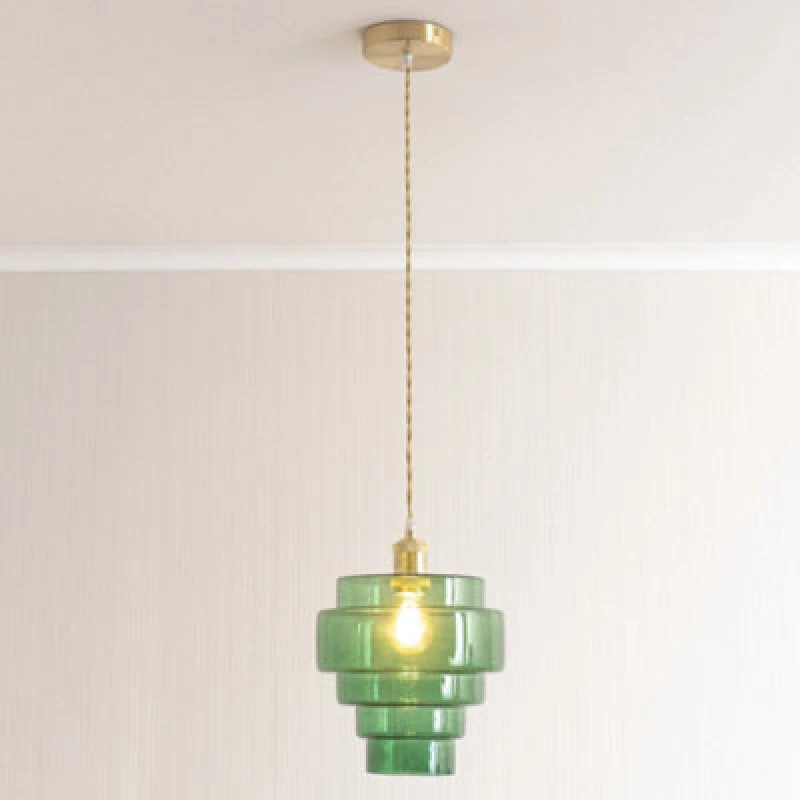 Image of ValueLights ValueLights Lane Glass 5 Tier Shade Brushed Gold Ceiling Pendant Light and Bulb in Bright Green Bright Green One Size Unisex 5059406063879