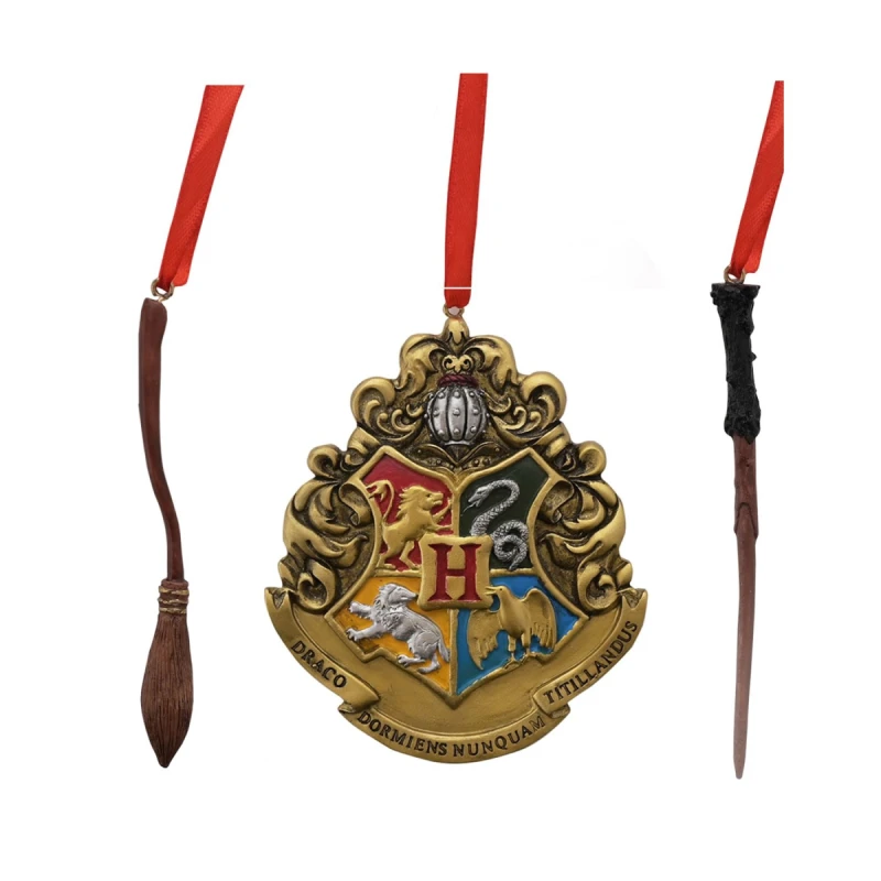 Image of Warner Bros Harry Potter Set of 3 Resin Tree Decs Wand, Crest & Broom Multi